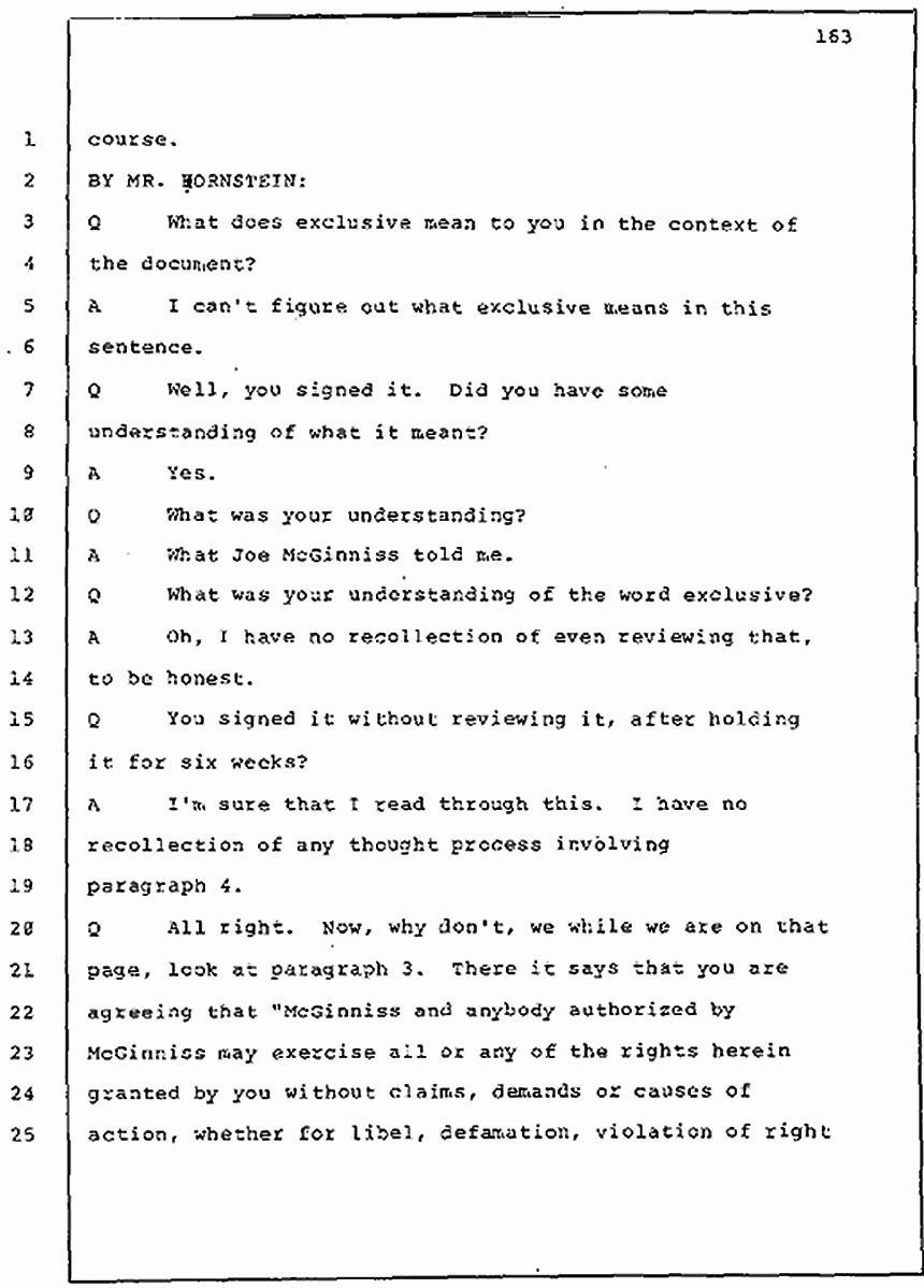 Los Angeles, California Civil Trial<br>Jeffrey MacDonald vs. Joe McGinniss<br><br>July 30, 1987:<br>Plaintiff's Witness: Jeffrey MacDonald, p. 163