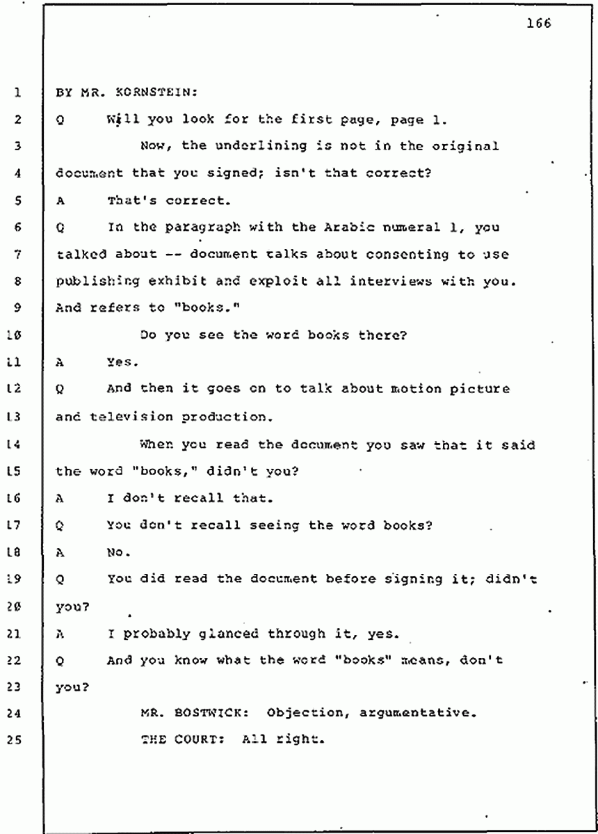 Los Angeles, California Civil Trial<br>Jeffrey MacDonald vs. Joe McGinniss<br><br>July 30, 1987:<br>Plaintiff's Witness: Jeffrey MacDonald, p. 166