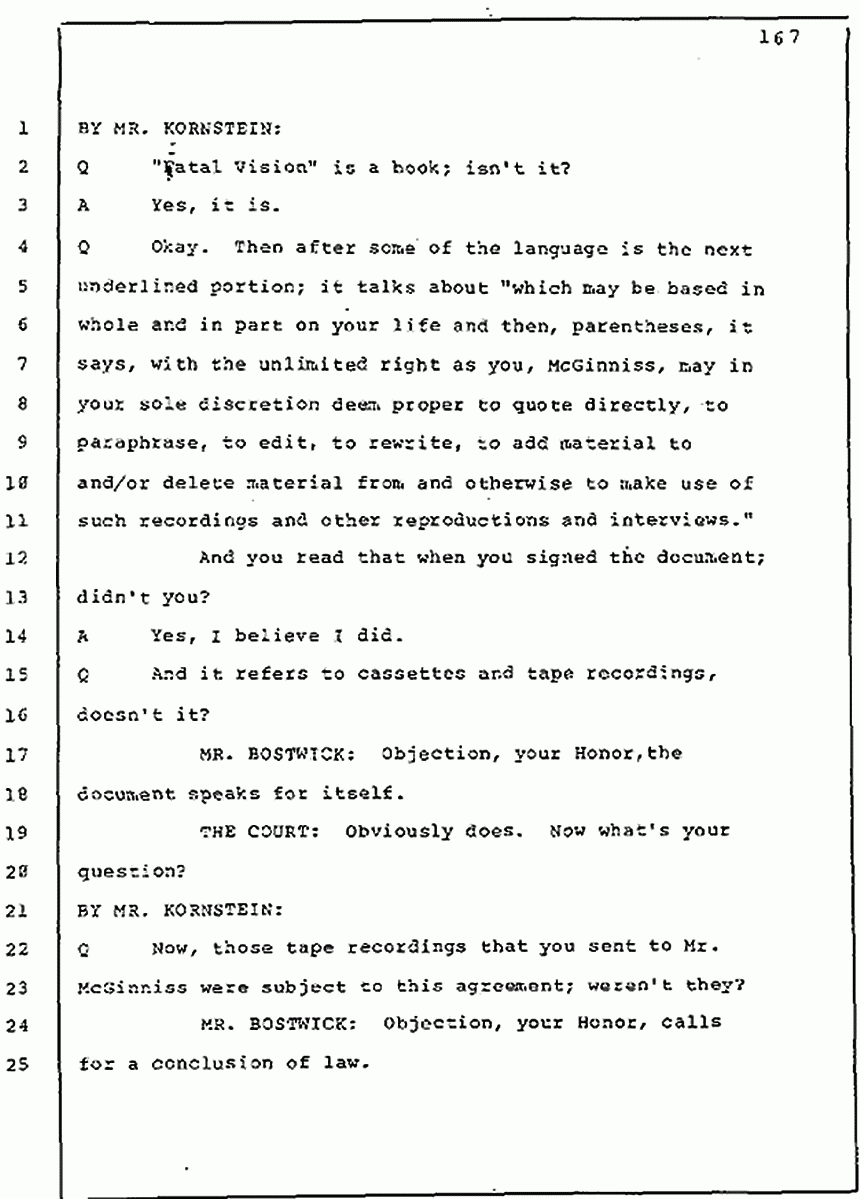 Los Angeles, California Civil Trial<br>Jeffrey MacDonald vs. Joe McGinniss<br><br>July 30, 1987:<br>Plaintiff's Witness: Jeffrey MacDonald, p. 167