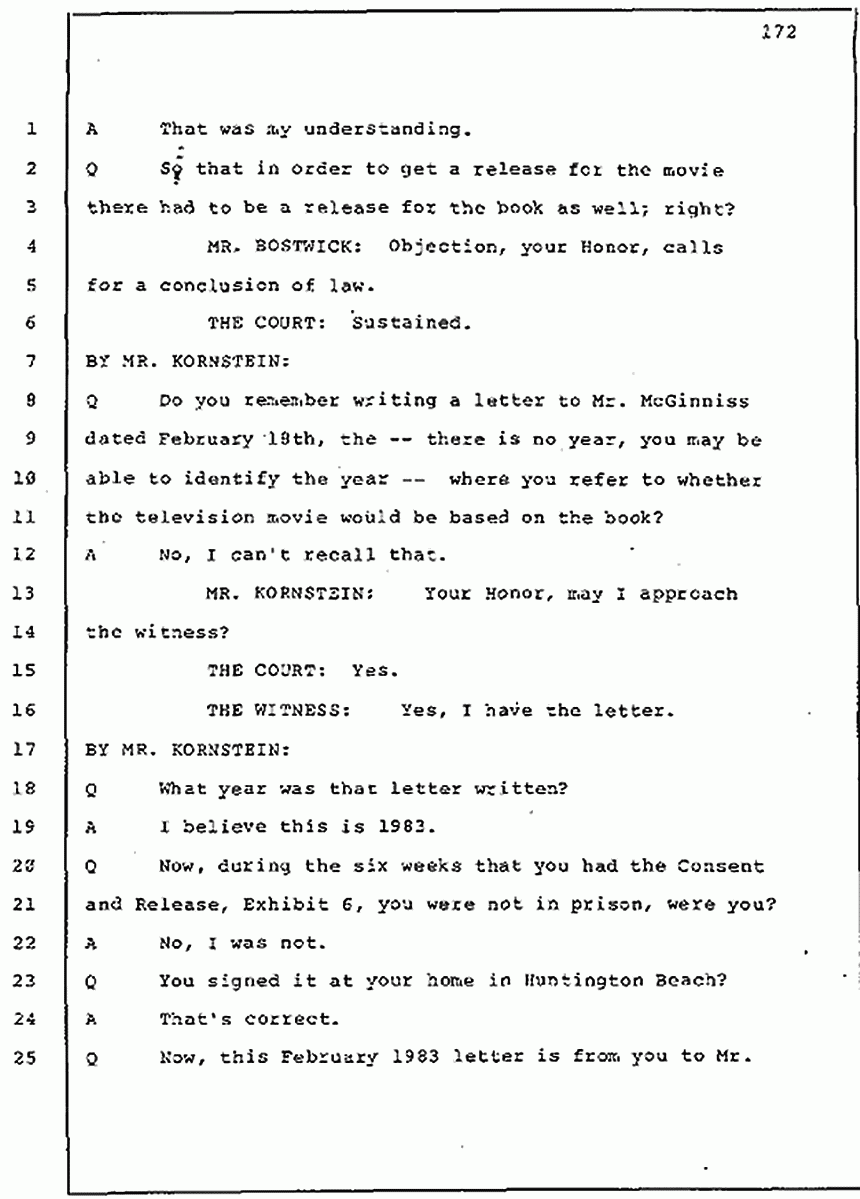 Los Angeles, California Civil Trial<br>Jeffrey MacDonald vs. Joe McGinniss<br><br>July 30, 1987:<br>Plaintiff's Witness: Jeffrey MacDonald, p. 172