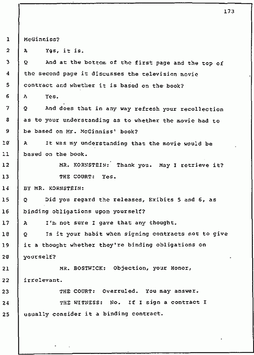 Los Angeles, California Civil Trial<br>Jeffrey MacDonald vs. Joe McGinniss<br><br>July 30, 1987:<br>Plaintiff's Witness: Jeffrey MacDonald, p. 173