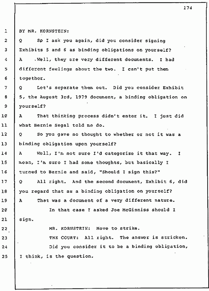 Los Angeles, California Civil Trial<br>Jeffrey MacDonald vs. Joe McGinniss<br><br>July 30, 1987:<br>Plaintiff's Witness: Jeffrey MacDonald, p. 174