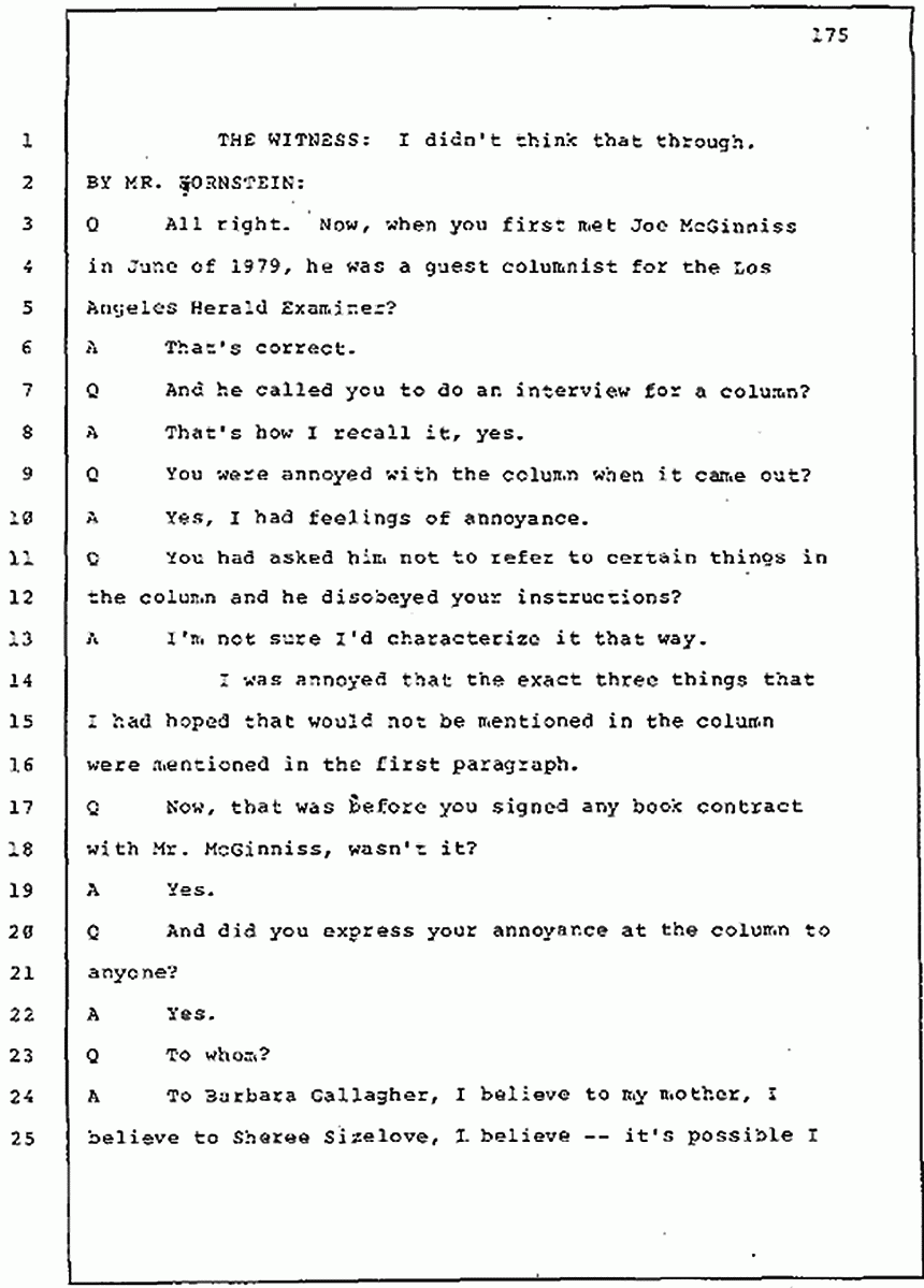 Los Angeles, California Civil Trial<br>Jeffrey MacDonald vs. Joe McGinniss<br><br>July 30, 1987:<br>Plaintiff's Witness: Jeffrey MacDonald, p. 175