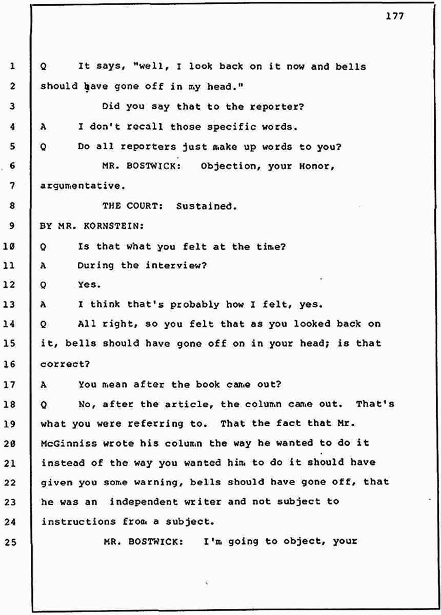 Los Angeles, California Civil Trial<br>Jeffrey MacDonald vs. Joe McGinniss<br><br>July 30, 1987:<br>Plaintiff's Witness: Jeffrey MacDonald, p. 177