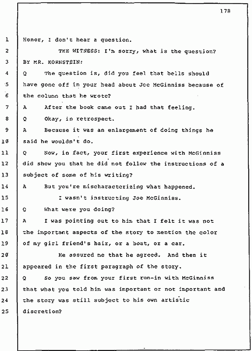 Los Angeles, California Civil Trial<br>Jeffrey MacDonald vs. Joe McGinniss<br><br>July 30, 1987:<br>Plaintiff's Witness: Jeffrey MacDonald, p. 178