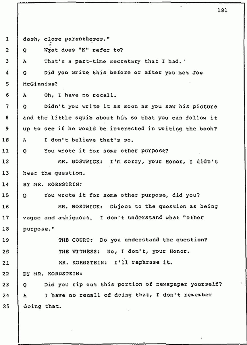 Los Angeles, California Civil Trial<br>Jeffrey MacDonald vs. Joe McGinniss<br><br>July 30, 1987:<br>Plaintiff's Witness: Jeffrey MacDonald, p. 181