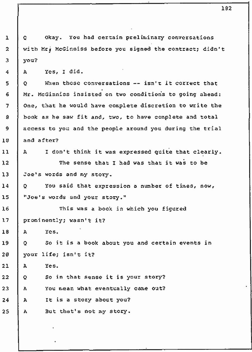 Los Angeles, California Civil Trial<br>Jeffrey MacDonald vs. Joe McGinniss<br><br>July 30, 1987:<br>Plaintiff's Witness: Jeffrey MacDonald, p. 182