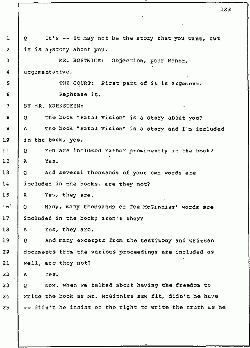 Los Angeles, California Civil Trial<br>Jeffrey MacDonald vs. Joe McGinniss<br><br>July 30, 1987:<br>Plaintiff's Witness: Jeffrey MacDonald, p. 183
