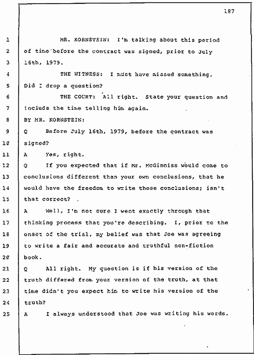 Los Angeles, California Civil Trial<br>Jeffrey MacDonald vs. Joe McGinniss<br><br>July 30, 1987:<br>Plaintiff's Witness: Jeffrey MacDonald, p. 187