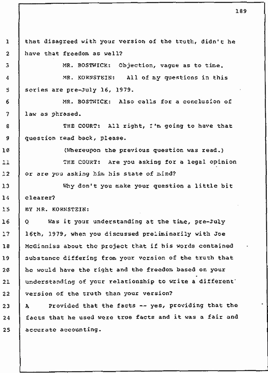 Los Angeles, California Civil Trial<br>Jeffrey MacDonald vs. Joe McGinniss<br><br>July 30, 1987:<br>Plaintiff's Witness: Jeffrey MacDonald, p. 189