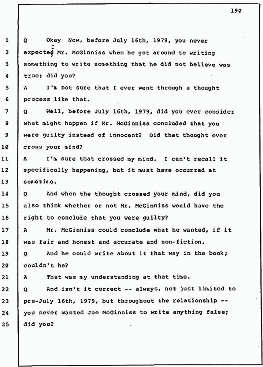 Los Angeles, California Civil Trial<br>Jeffrey MacDonald vs. Joe McGinniss<br><br>July 30, 1987:<br>Plaintiff's Witness: Jeffrey MacDonald, p. 190