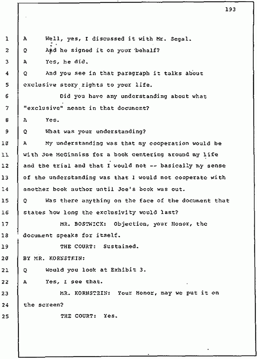 Los Angeles, California Civil Trial<br>Jeffrey MacDonald vs. Joe McGinniss<br><br>July 30, 1987:<br>Plaintiff's Witness: Jeffrey MacDonald, p. 193