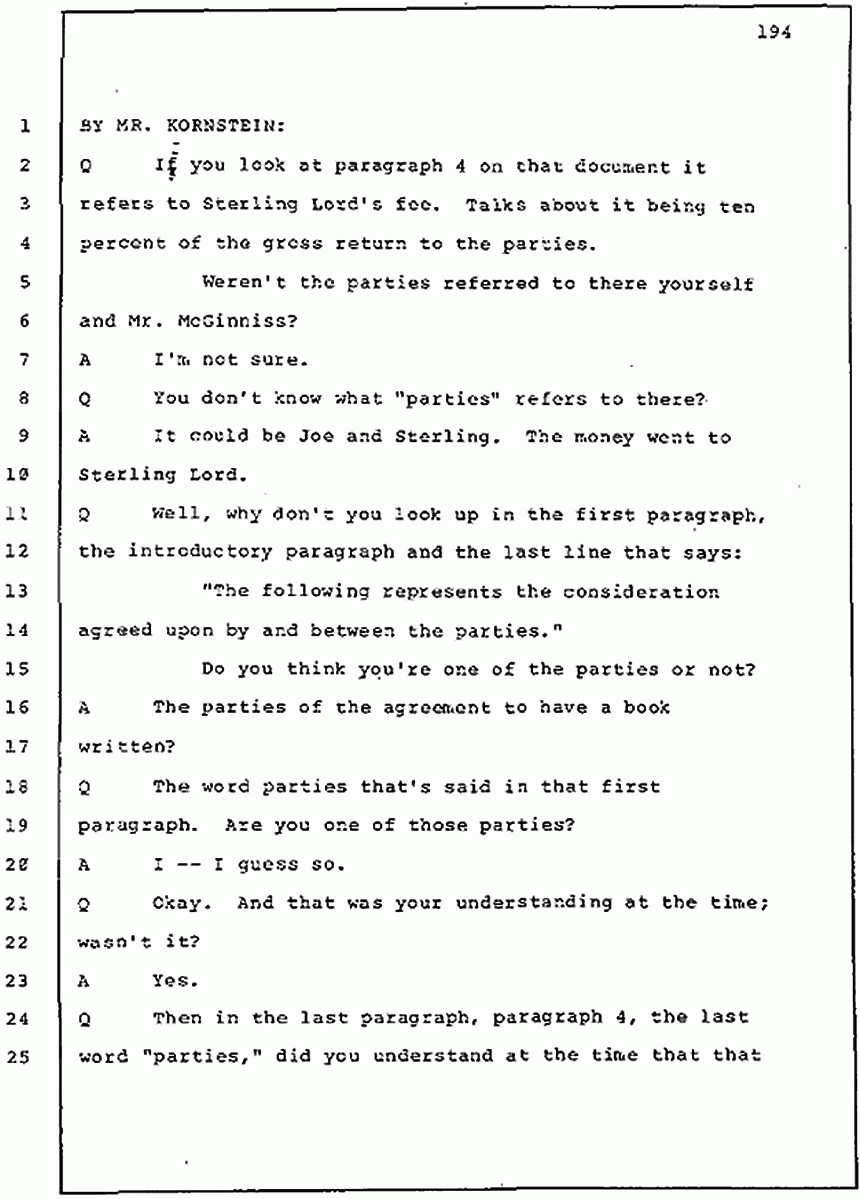 Los Angeles, California Civil Trial<br>Jeffrey MacDonald vs. Joe McGinniss<br><br>July 30, 1987:<br>Plaintiff's Witness: Jeffrey MacDonald, p. 194