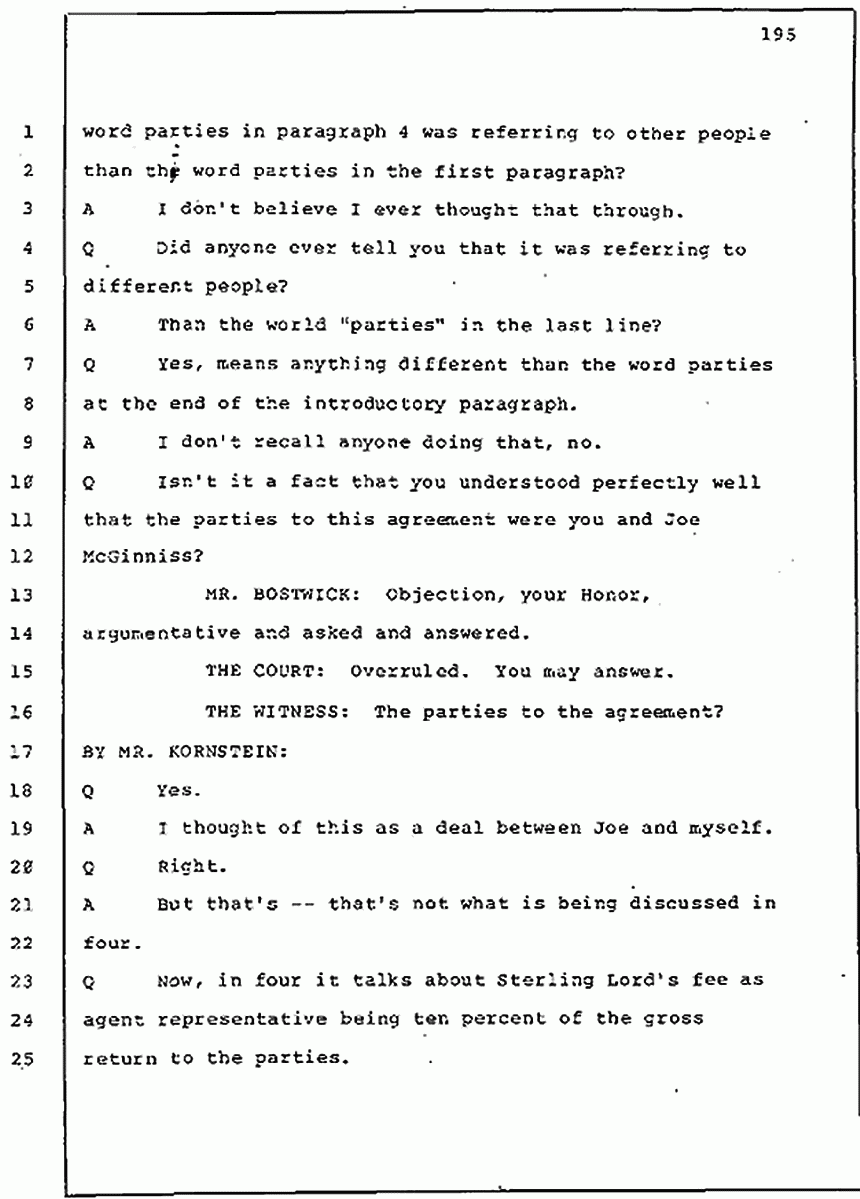 Los Angeles, California Civil Trial<br>Jeffrey MacDonald vs. Joe McGinniss<br><br>July 30, 1987:<br>Plaintiff's Witness: Jeffrey MacDonald, p. 195