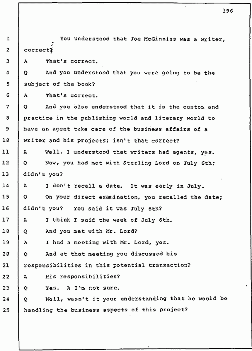 Los Angeles, California Civil Trial<br>Jeffrey MacDonald vs. Joe McGinniss<br><br>July 30, 1987:<br>Plaintiff's Witness: Jeffrey MacDonald, p. 196