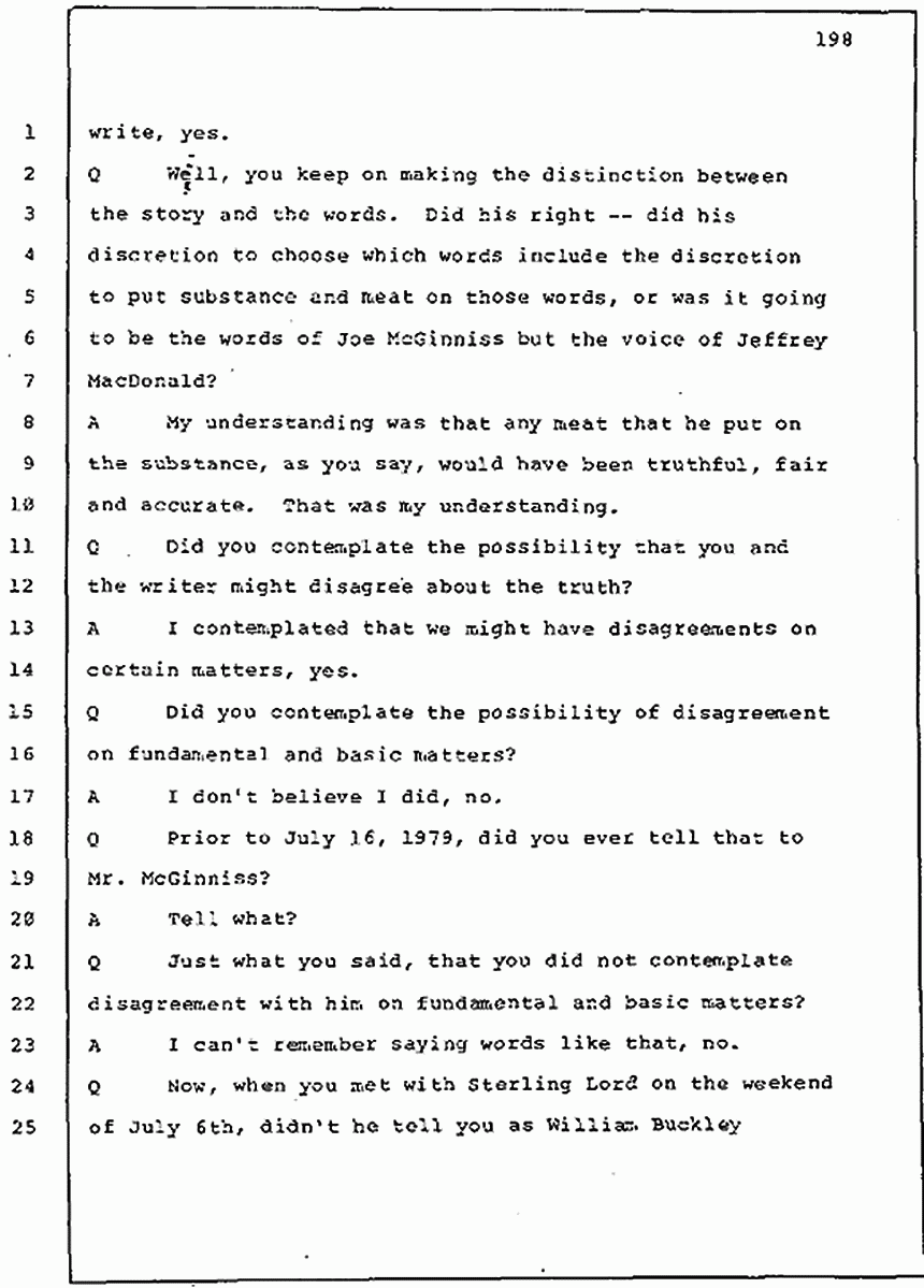 Los Angeles, California Civil Trial<br>Jeffrey MacDonald vs. Joe McGinniss<br><br>July 30, 1987:<br>Plaintiff's Witness: Jeffrey MacDonald, p. 198