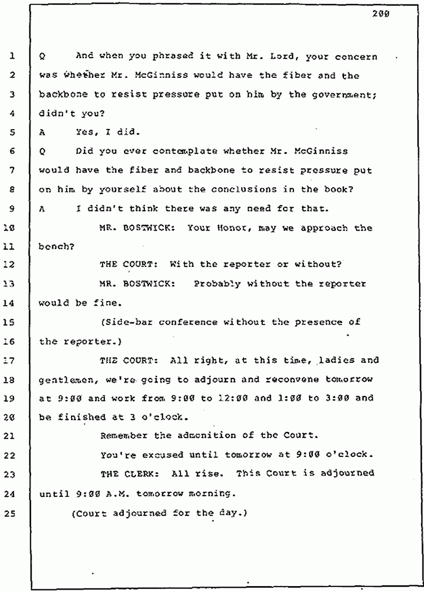 Los Angeles, California Civil Trial<br>Jeffrey MacDonald vs. Joe McGinniss<br><br>July 30, 1987:<br>Plaintiff's Witness: Jeffrey MacDonald, p. 200