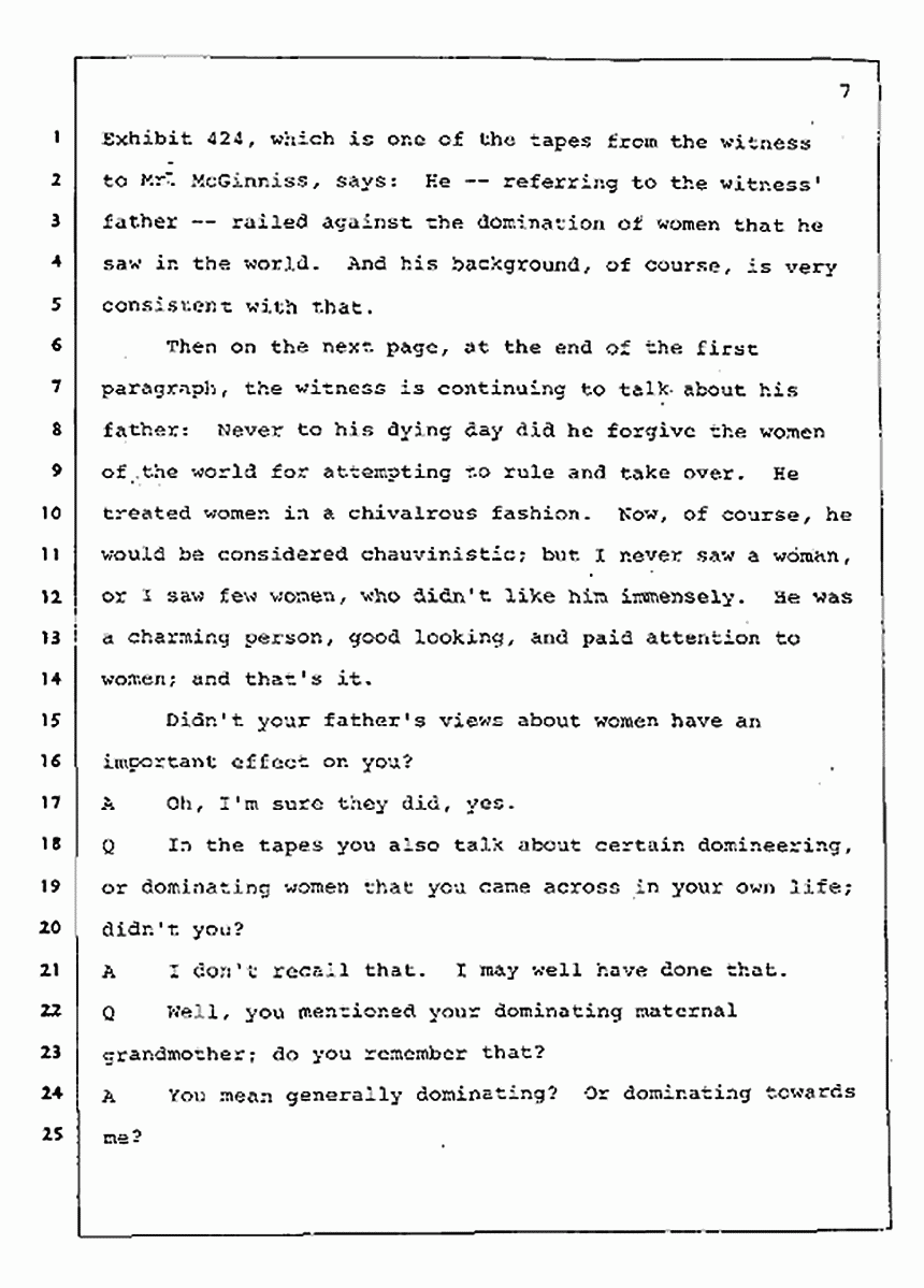 Los Angeles, California Civil Trial<br>Jeffrey MacDonald vs. Joe McGinniss<br><br>July 31, 1987:<br>Plaintiff's Witness: Jeffrey MacDonald, p. 7