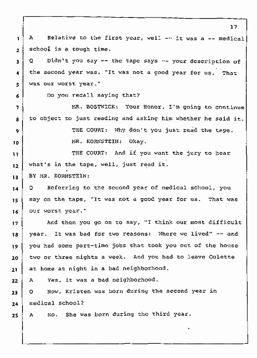 Los Angeles, California Civil Trial<br>Jeffrey MacDonald vs. Joe McGinniss<br><br>July 31, 1987:<br>Plaintiff's Witness: Jeffrey MacDonald, p. 17
