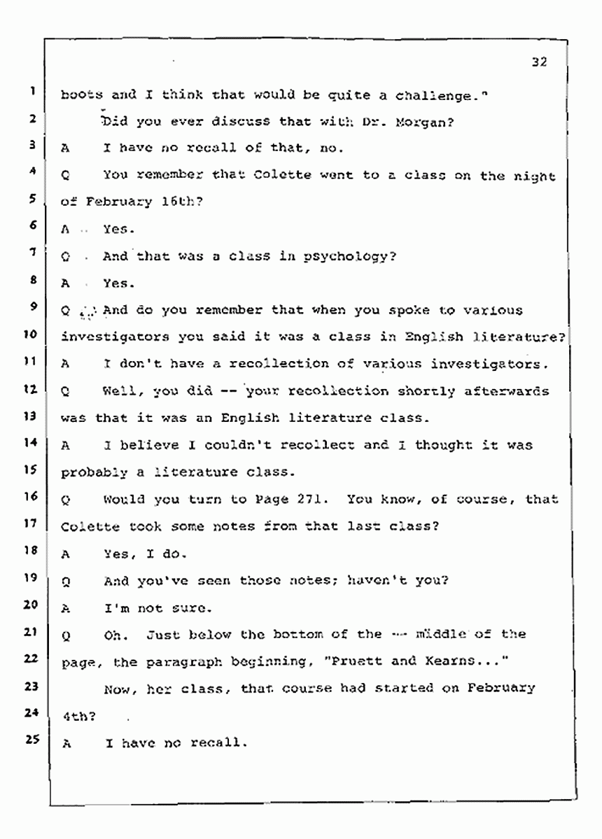 Los Angeles, California Civil Trial<br>Jeffrey MacDonald vs. Joe McGinniss<br><br>July 31, 1987:<br>Plaintiff's Witness: Jeffrey MacDonald, p. 32