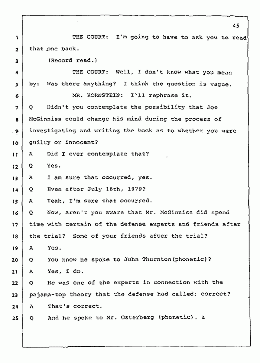 Los Angeles, California Civil Trial<br>Jeffrey MacDonald vs. Joe McGinniss<br><br>July 31, 1987:<br>Plaintiff's Witness: Jeffrey MacDonald, p. 45