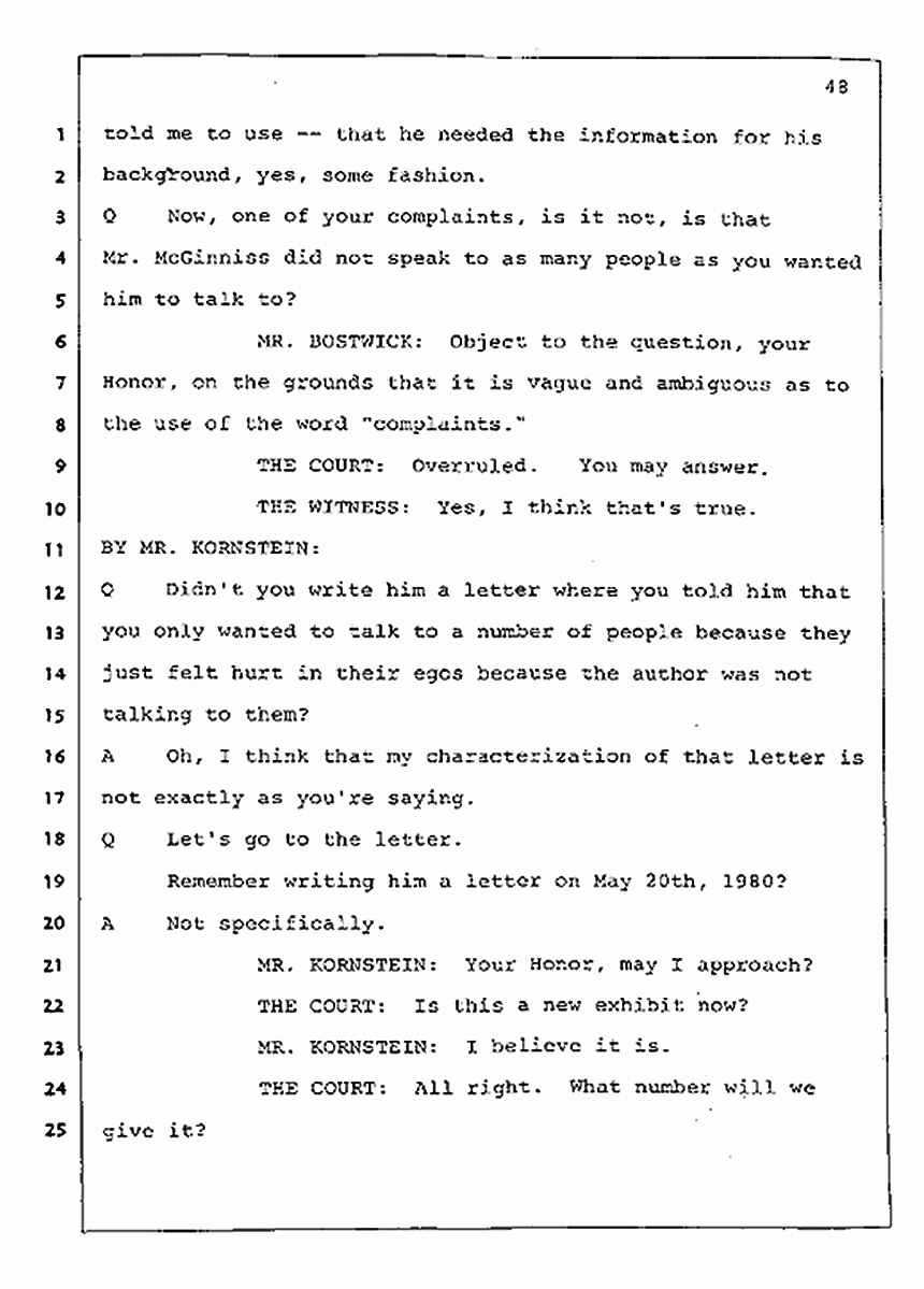Los Angeles, California Civil Trial<br>Jeffrey MacDonald vs. Joe McGinniss<br><br>July 31, 1987:<br>Plaintiff's Witness: Jeffrey MacDonald, p. 48