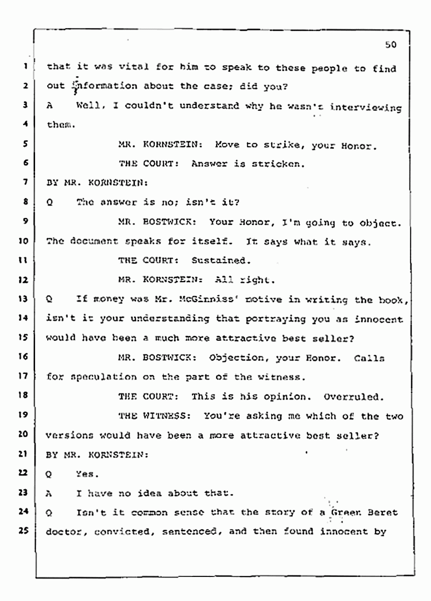 Los Angeles, California Civil Trial<br>Jeffrey MacDonald vs. Joe McGinniss<br><br>July 31, 1987:<br>Plaintiff's Witness: Jeffrey MacDonald, p. 50