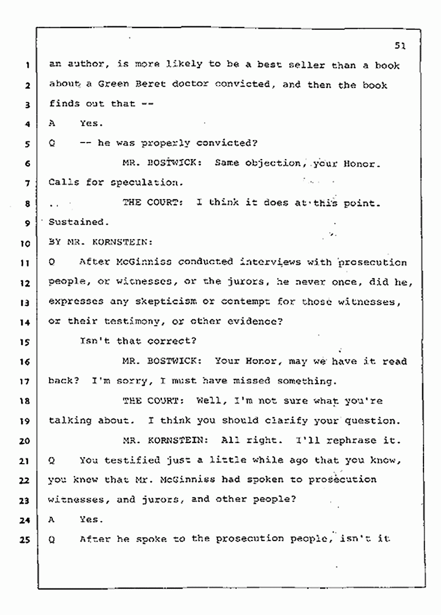 Los Angeles, California Civil Trial<br>Jeffrey MacDonald vs. Joe McGinniss<br><br>July 31, 1987:<br>Plaintiff's Witness: Jeffrey MacDonald, p. 51
