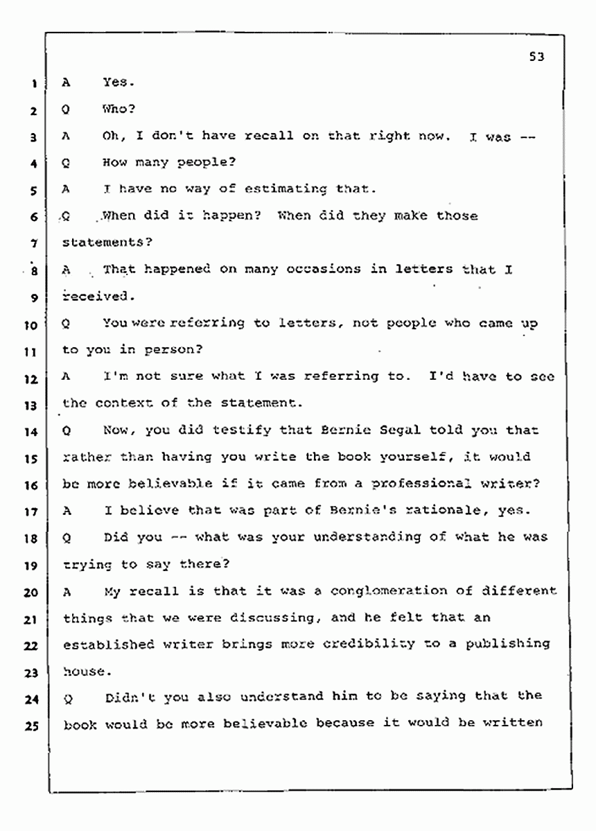 Los Angeles, California Civil Trial<br>Jeffrey MacDonald vs. Joe McGinniss<br><br>July 31, 1987:<br>Plaintiff's Witness: Jeffrey MacDonald, p. 53