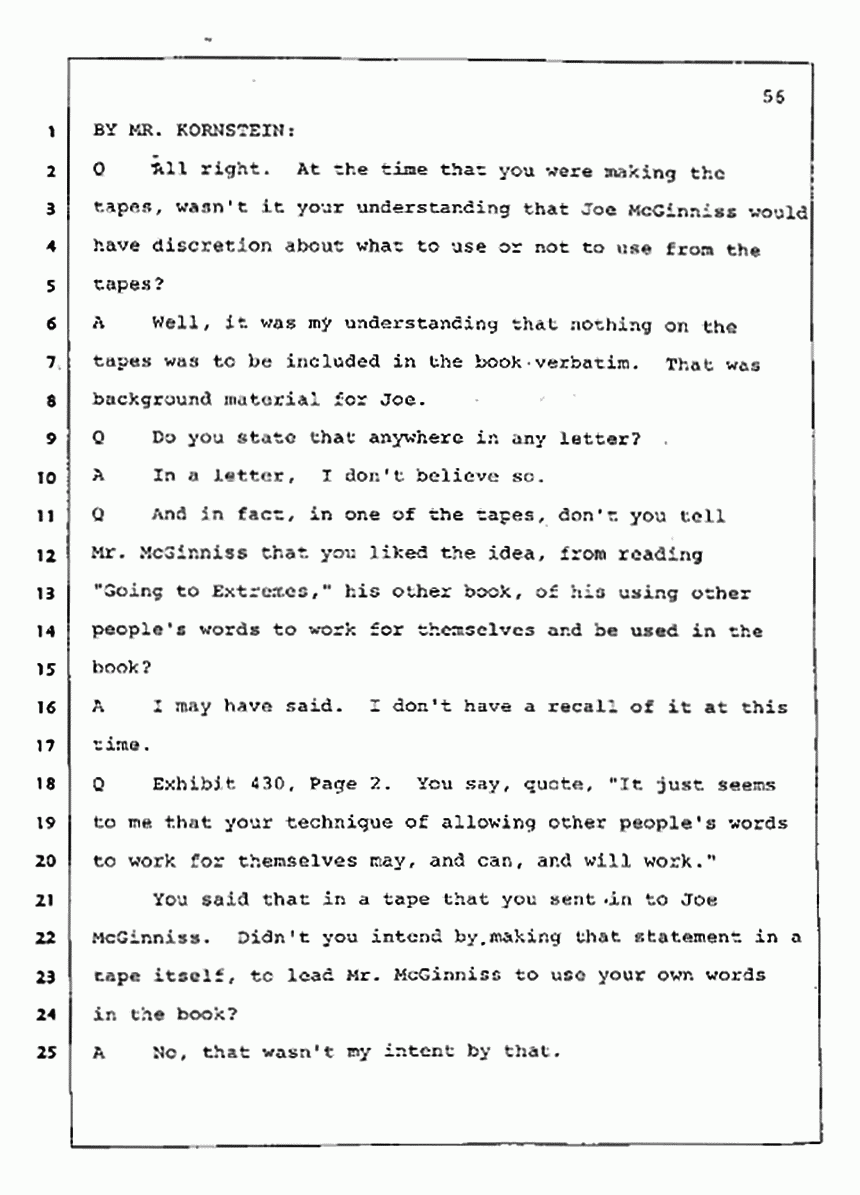 Los Angeles, California Civil Trial<br>Jeffrey MacDonald vs. Joe McGinniss<br><br>July 31, 1987:<br>Plaintiff's Witness: Jeffrey MacDonald, p. 56