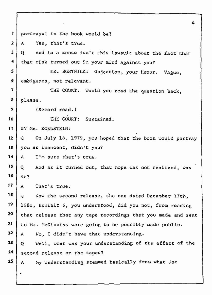 Los Angeles, California Civil Trial<br>Jeffrey MacDonald vs. Joe McGinniss<br><br>July 31, 1987:<br>Plaintiff's Witness: Jeffrey MacDonald, p. 4