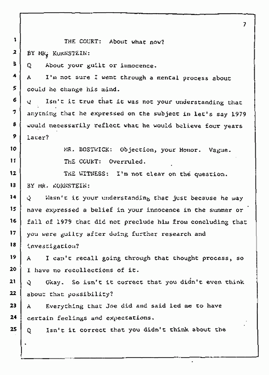 Los Angeles, California Civil Trial<br>Jeffrey MacDonald vs. Joe McGinniss<br><br>July 31, 1987:<br>Plaintiff's Witness: Jeffrey MacDonald, p. 7