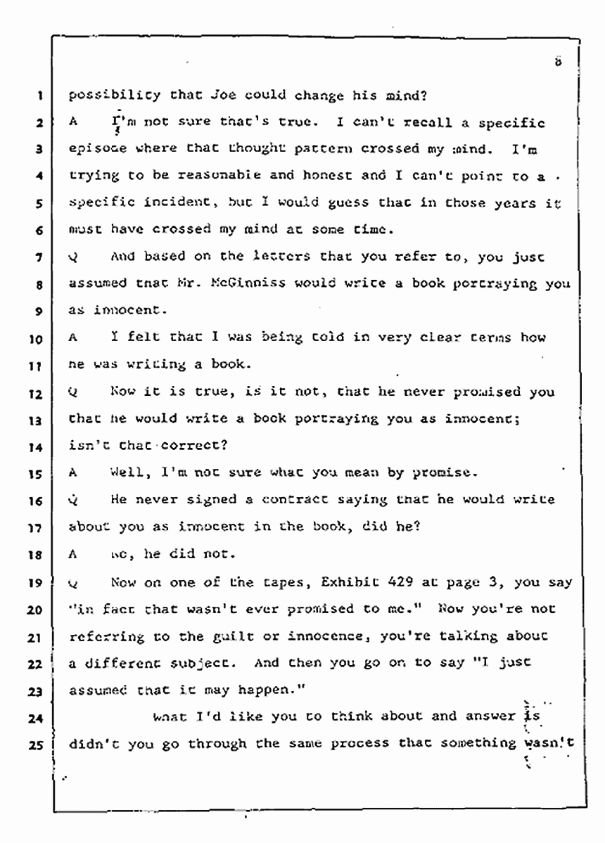 Los Angeles, California Civil Trial<br>Jeffrey MacDonald vs. Joe McGinniss<br><br>July 31, 1987:<br>Plaintiff's Witness: Jeffrey MacDonald, p. 8