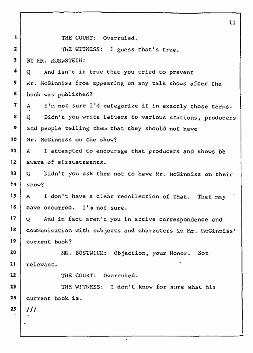 Los Angeles, California Civil Trial<br>Jeffrey MacDonald vs. Joe McGinniss<br><br>July 31, 1987:<br>Plaintiff's Witness: Jeffrey MacDonald, p. 11
