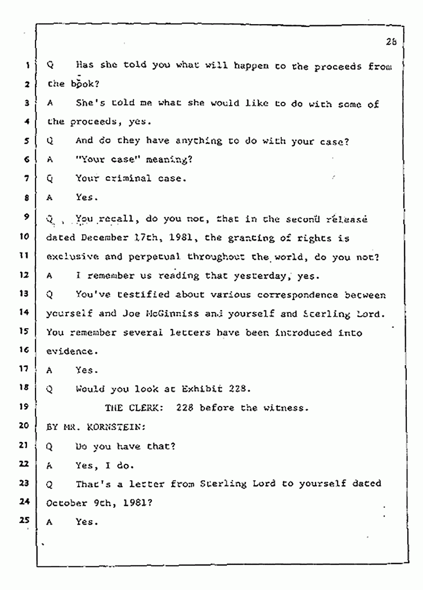 Los Angeles, California Civil Trial<br>Jeffrey MacDonald vs. Joe McGinniss<br><br>July 31, 1987:<br>Plaintiff's Witness: Jeffrey MacDonald, p. 28