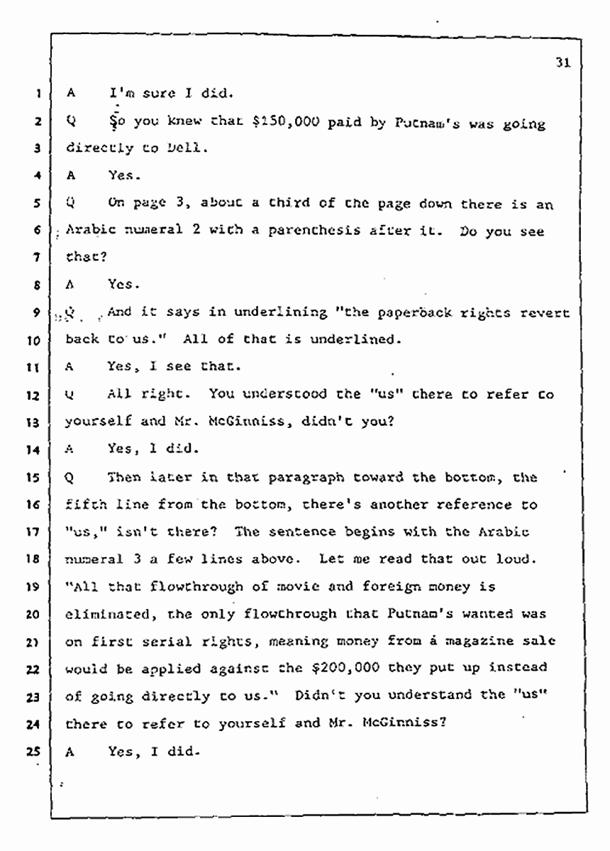 Los Angeles, California Civil Trial<br>Jeffrey MacDonald vs. Joe McGinniss<br><br>July 31, 1987:<br>Plaintiff's Witness: Jeffrey MacDonald, p. 31