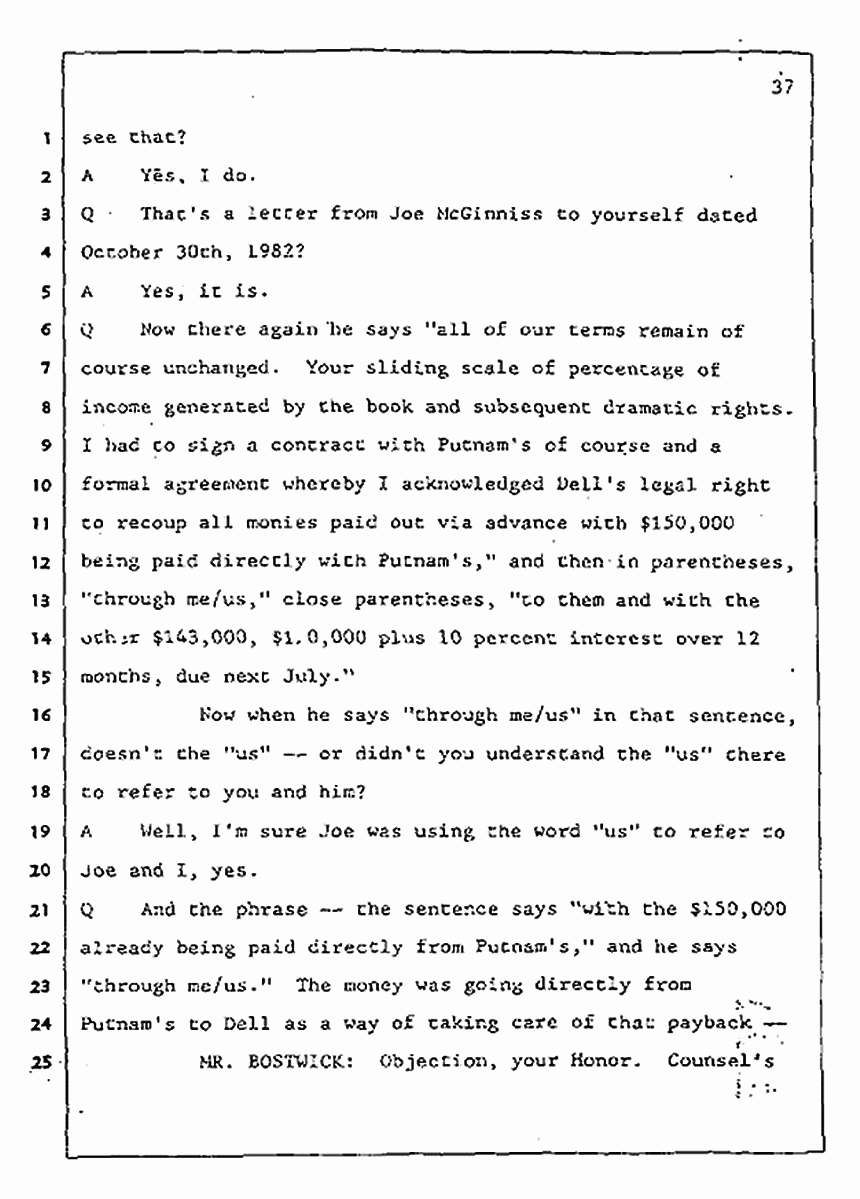 Los Angeles, California Civil Trial<br>Jeffrey MacDonald vs. Joe McGinniss<br><br>July 31, 1987:<br>Plaintiff's Witness: Jeffrey MacDonald, p. 37