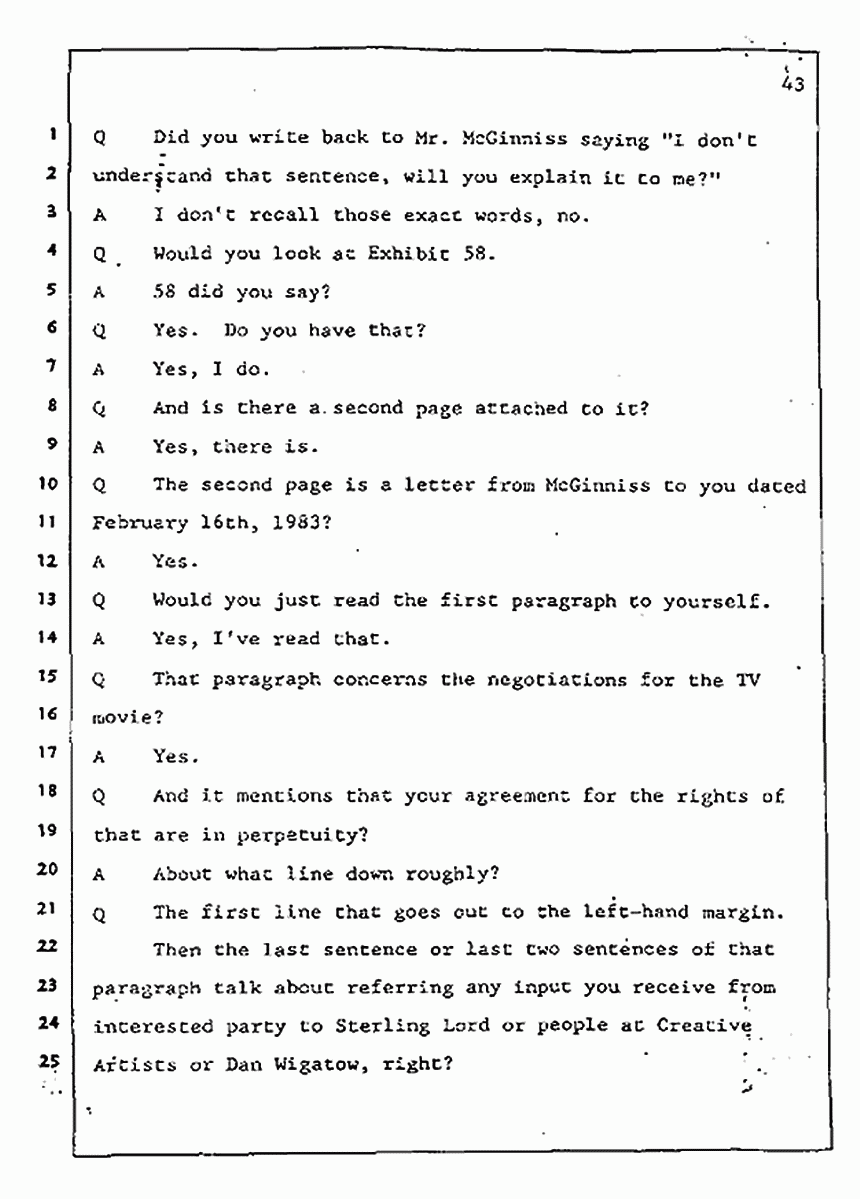 Los Angeles, California Civil Trial<br>Jeffrey MacDonald vs. Joe McGinniss<br><br>July 31, 1987:<br>Plaintiff's Witness: Jeffrey MacDonald, p. 43