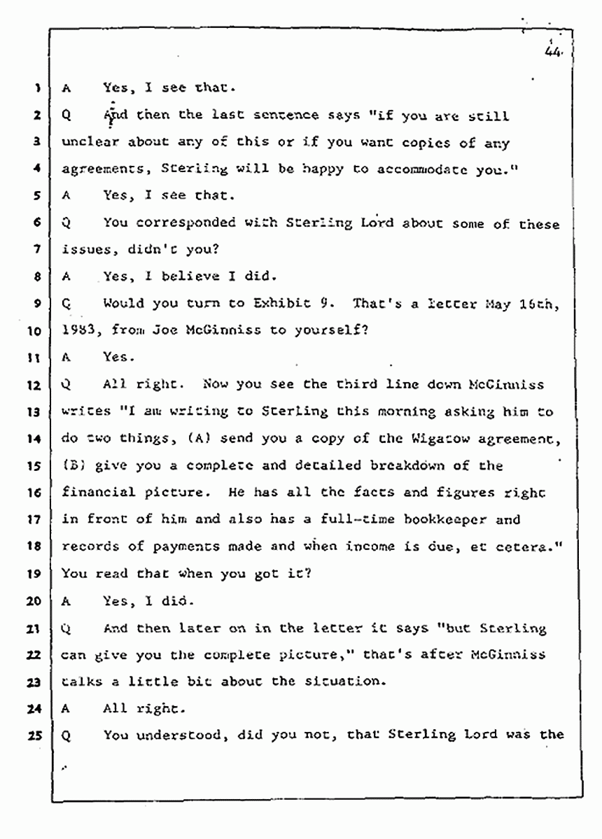 Los Angeles, California Civil Trial<br>Jeffrey MacDonald vs. Joe McGinniss<br><br>July 31, 1987:<br>Plaintiff's Witness: Jeffrey MacDonald, p. 44
