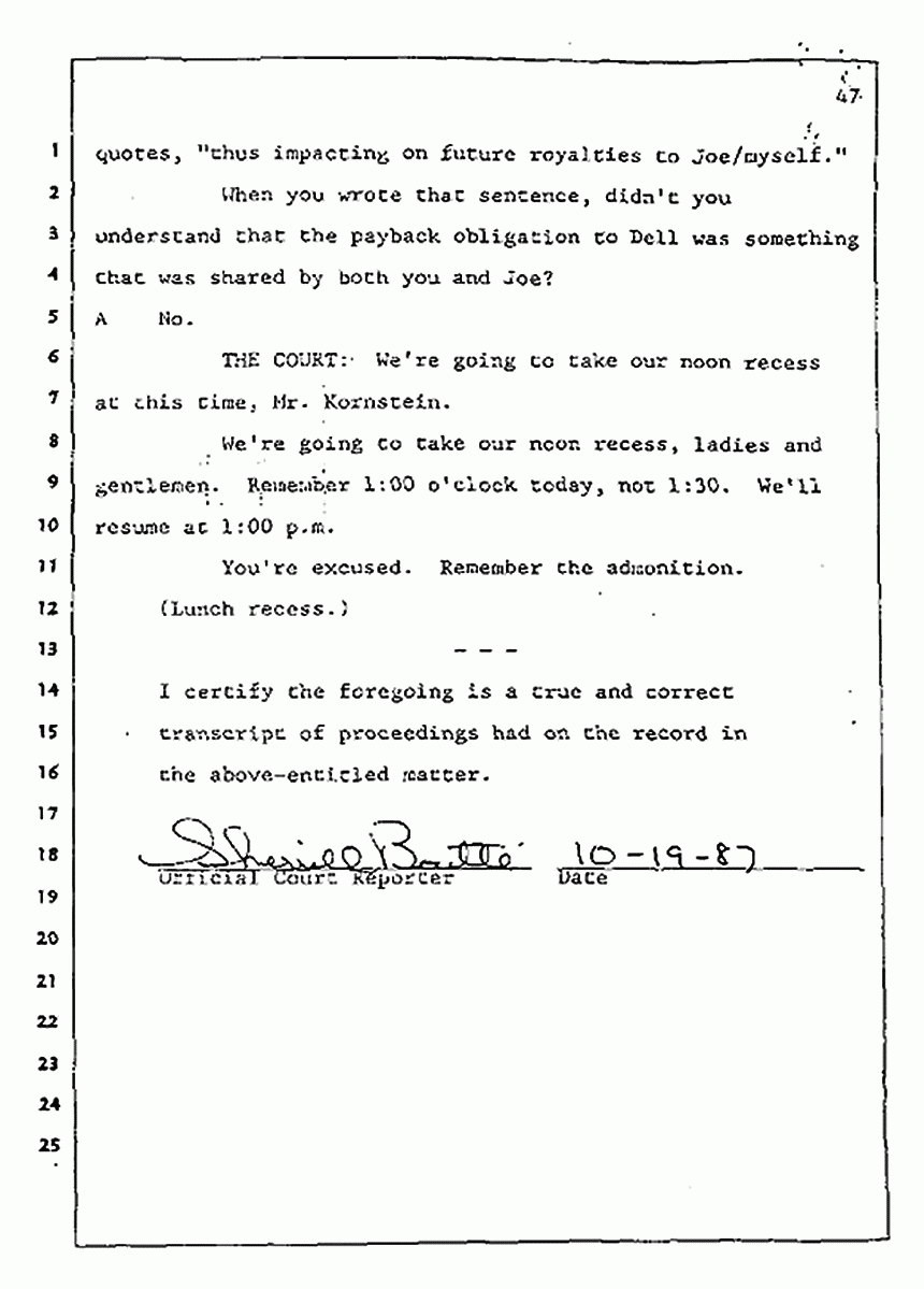 Los Angeles, California Civil Trial<br>Jeffrey MacDonald vs. Joe McGinniss<br><br>July 31, 1987:<br>Plaintiff's Witness: Jeffrey MacDonald, p. 47