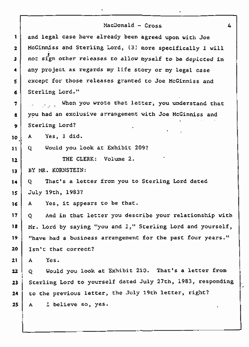 Los Angeles, California Civil Trial<br>Jeffrey MacDonald vs. Joe McGinniss<br><br>July 31, 1987:<br>Plaintiff's Witness: Jeffrey MacDonald, p. 4