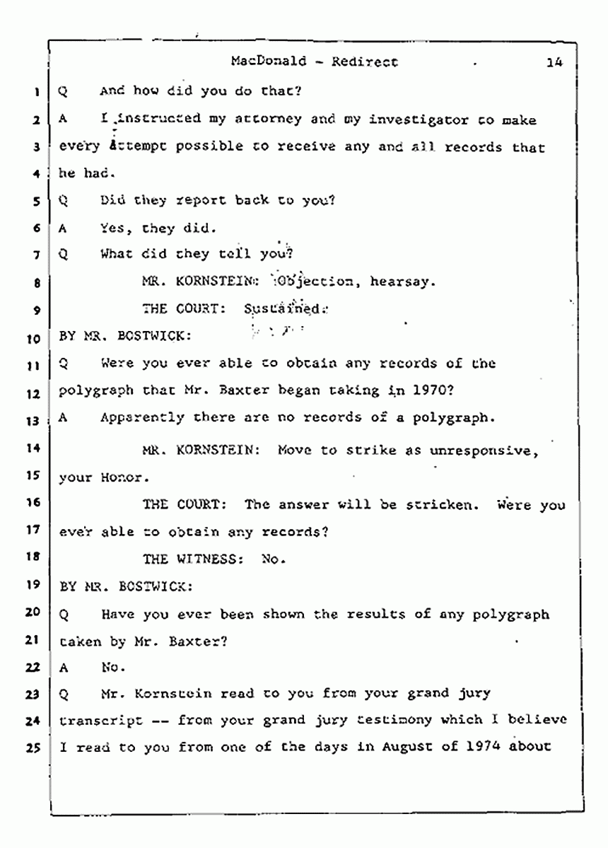 Los Angeles, California Civil Trial<br>Jeffrey MacDonald vs. Joe McGinniss<br><br>July 31, 1987:<br>Plaintiff's Witness: Jeffrey MacDonald, p. 14