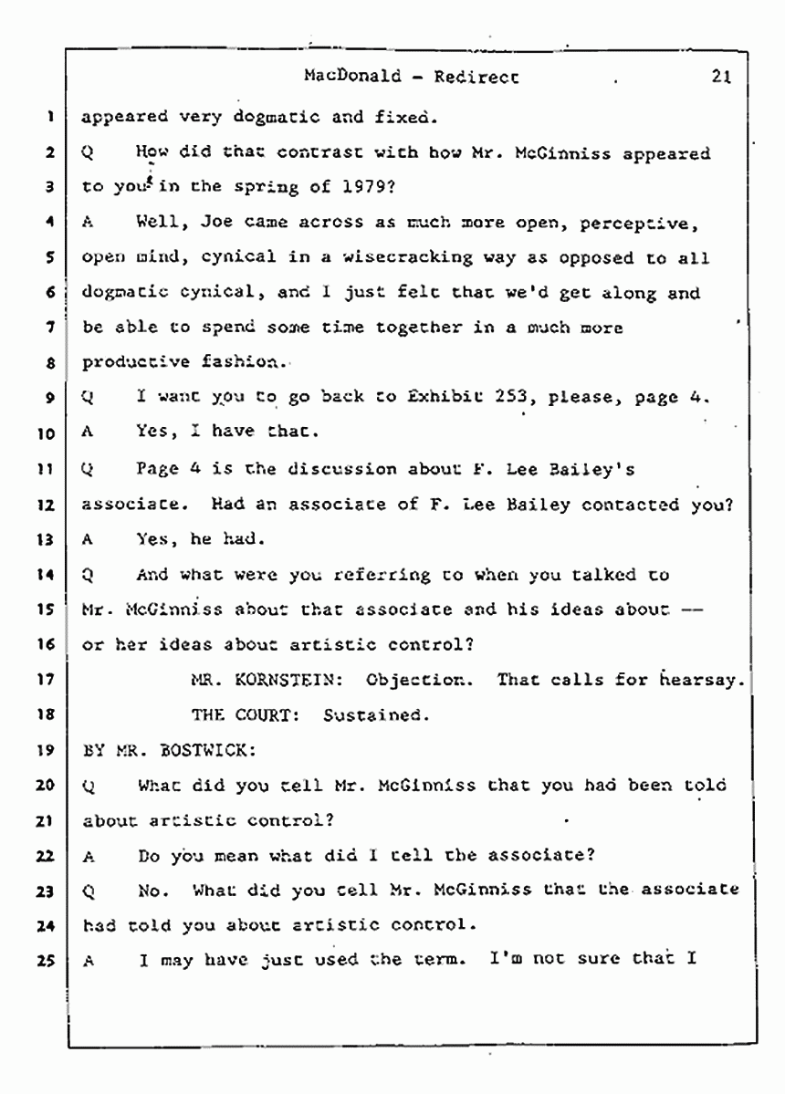Los Angeles, California Civil Trial<br>Jeffrey MacDonald vs. Joe McGinniss<br><br>July 31, 1987:<br>Plaintiff's Witness: Jeffrey MacDonald, p. 21