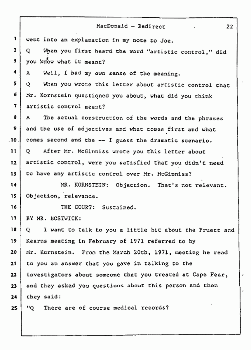 Los Angeles, California Civil Trial<br>Jeffrey MacDonald vs. Joe McGinniss<br><br>July 31, 1987:<br>Plaintiff's Witness: Jeffrey MacDonald, p. 22
