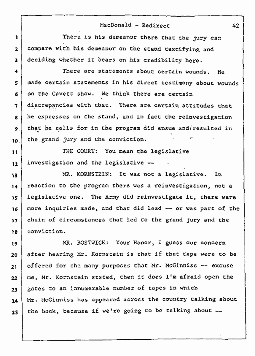 Los Angeles, California Civil Trial<br>Jeffrey MacDonald vs. Joe McGinniss<br><br>July 31, 1987:<br>Plaintiff's Witness: Jeffrey MacDonald, p. 42
