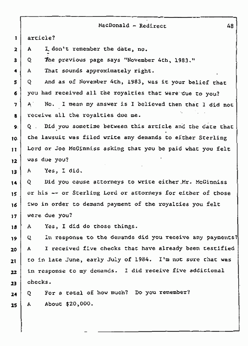 Los Angeles, California Civil Trial<br>Jeffrey MacDonald vs. Joe McGinniss<br><br>July 31, 1987:<br>Plaintiff's Witness: Jeffrey MacDonald, p. 48