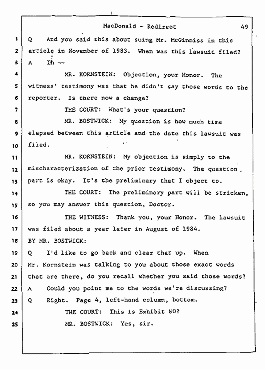 Los Angeles, California Civil Trial<br>Jeffrey MacDonald vs. Joe McGinniss<br><br>July 31, 1987:<br>Plaintiff's Witness: Jeffrey MacDonald, p. 49