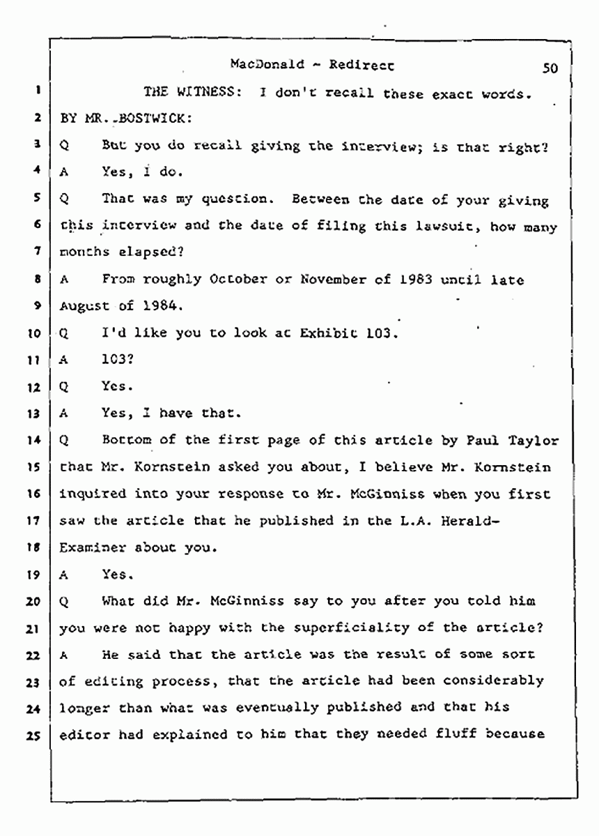Los Angeles, California Civil Trial<br>Jeffrey MacDonald vs. Joe McGinniss<br><br>July 31, 1987:<br>Plaintiff's Witness: Jeffrey MacDonald, p. 50