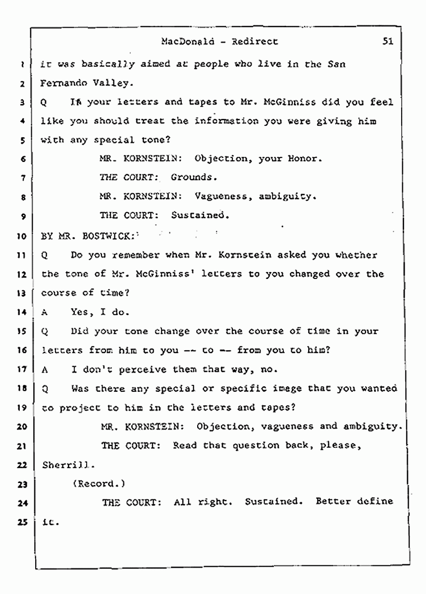 Los Angeles, California Civil Trial<br>Jeffrey MacDonald vs. Joe McGinniss<br><br>July 31, 1987:<br>Plaintiff's Witness: Jeffrey MacDonald, p. 51
