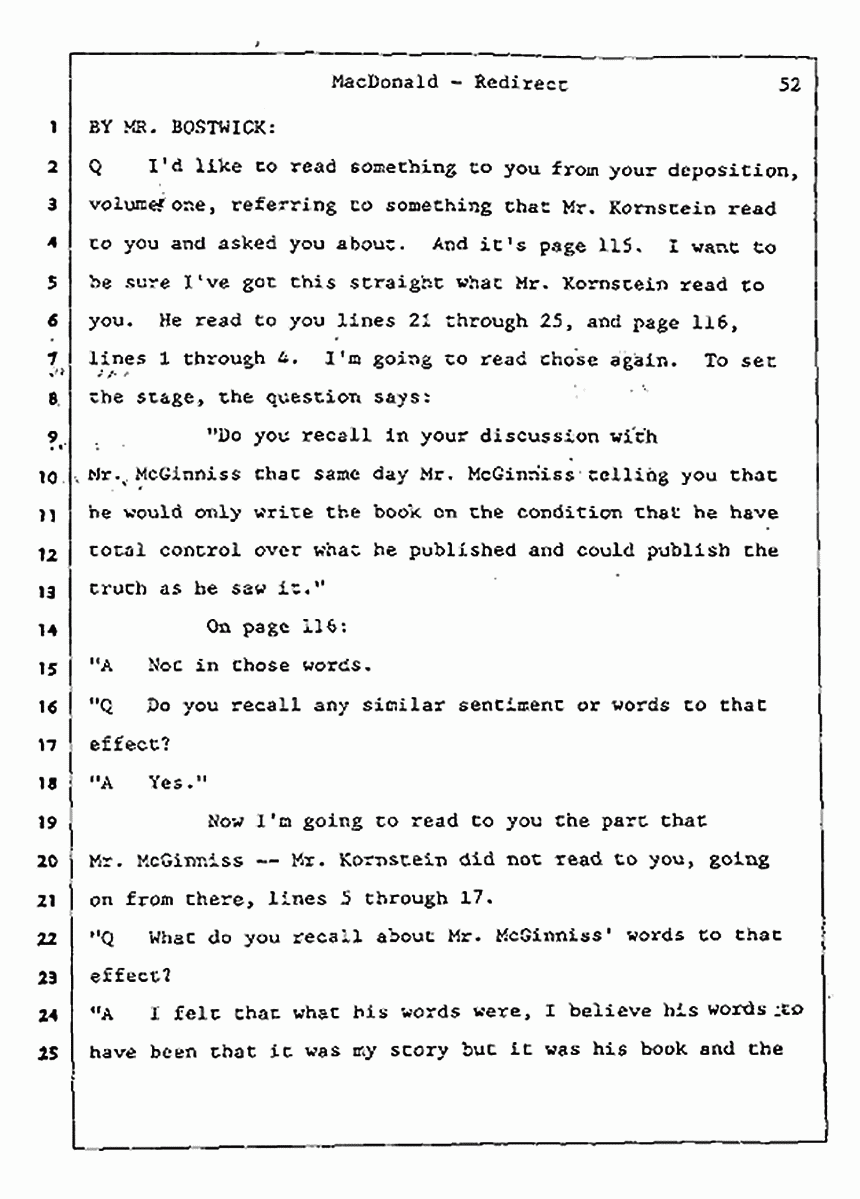 Los Angeles, California Civil Trial<br>Jeffrey MacDonald vs. Joe McGinniss<br><br>July 31, 1987:<br>Plaintiff's Witness: Jeffrey MacDonald, p. 52